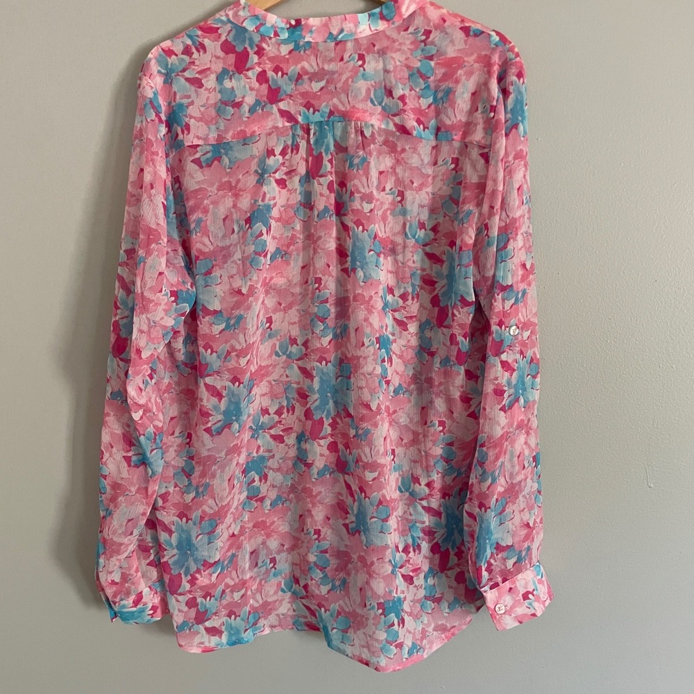 KUT from the Kloth Blouse Womens XL Pink Blue Floral Roll Tab Sleeve Boho Top - Picture 3 of 9